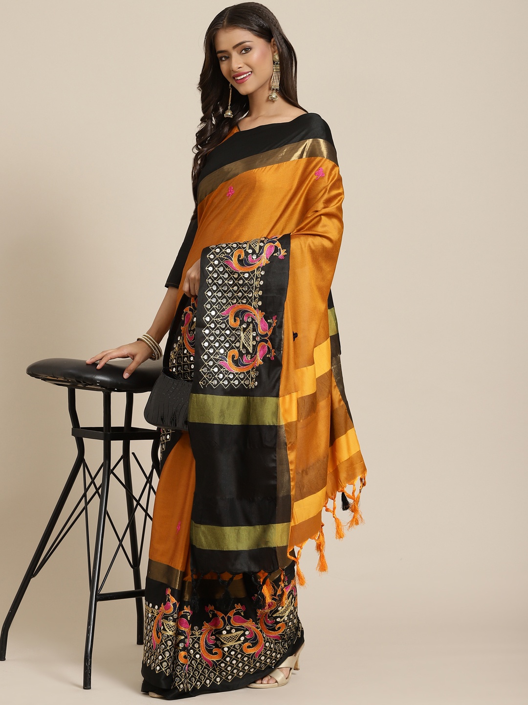 

SERONA FABRICS Mustard & Black Ethnic Motifs Sequinned Silk Cotton Saree