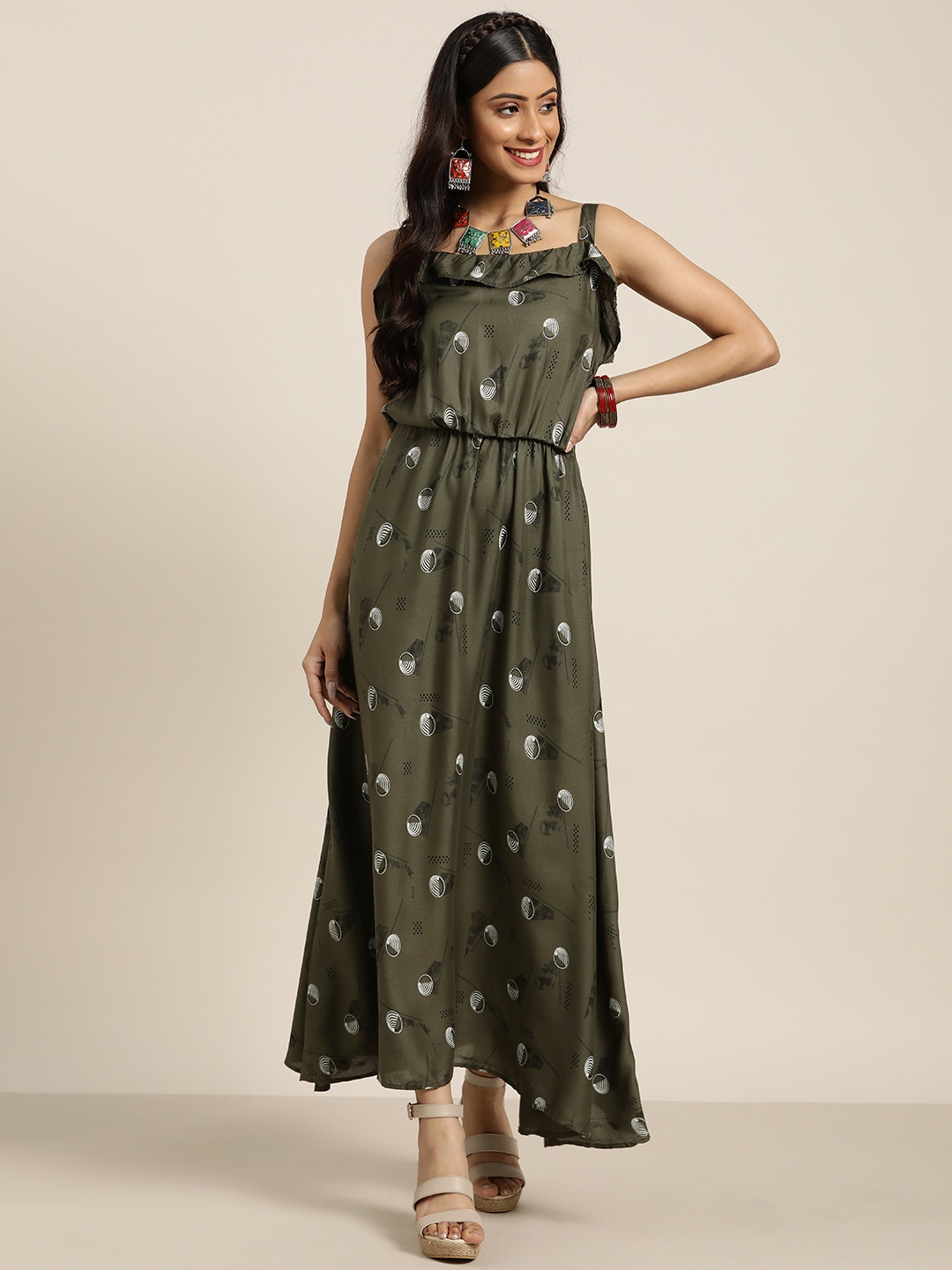 

Sangria Women Olive Green & White Printed Maxi Dress