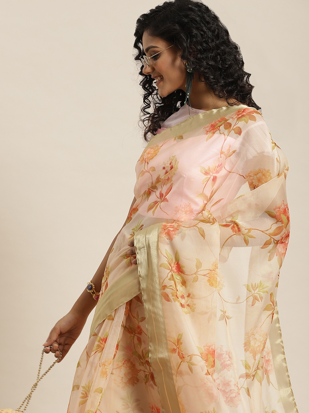 

Sangria Yellow & Peach-Coloured Floral Printed Organza Saree