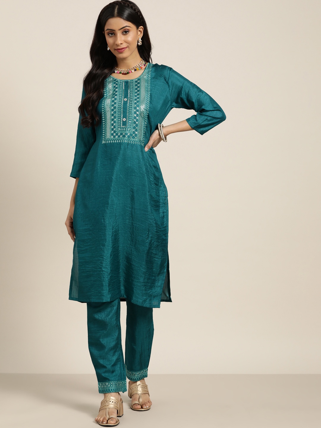 

Sangria Women Teal Green Sequinned Embroidered Kurta with Trousers