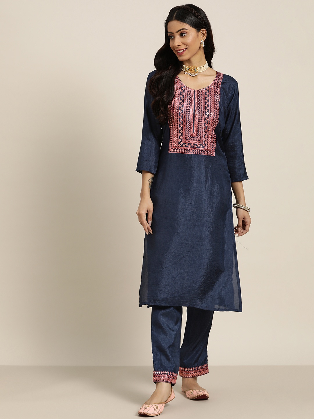 

Sangria Women Navy Blue Sequinned Embroidered Kurta with Trousers