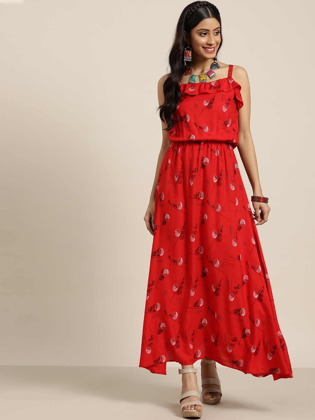 

Sangria Red & Black Abstract Printed Maxi Dress