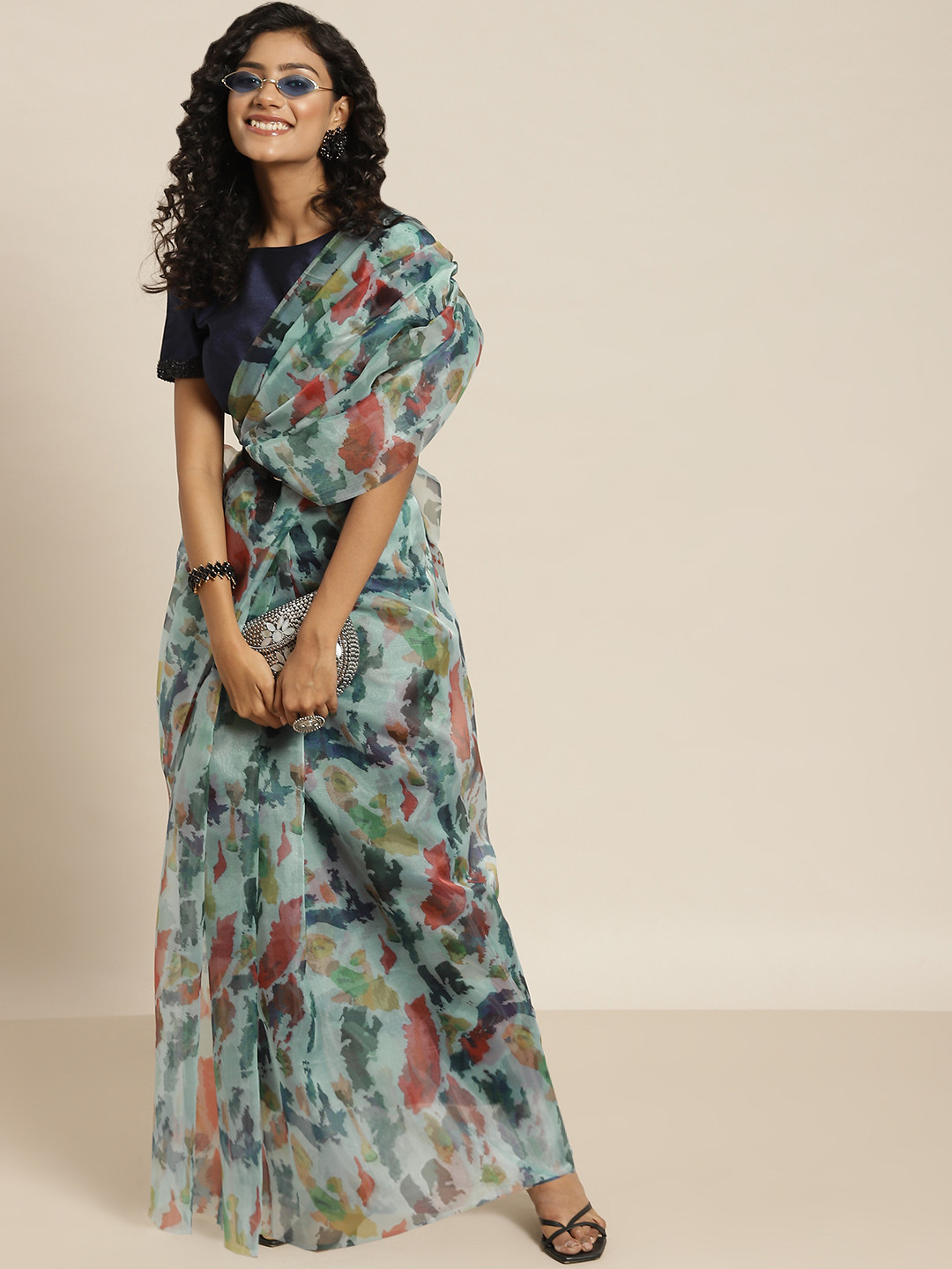 

Sangria Blue & Red Organza Abstract Printed Saree
