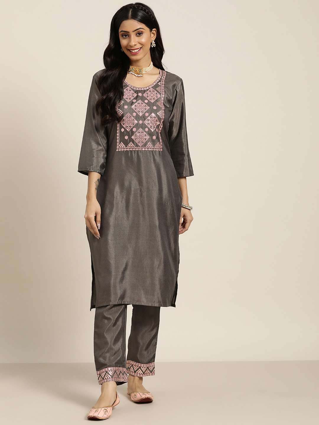 

Sangria Women Brown Floral Sequinned Embroidered Kurta with Trousers