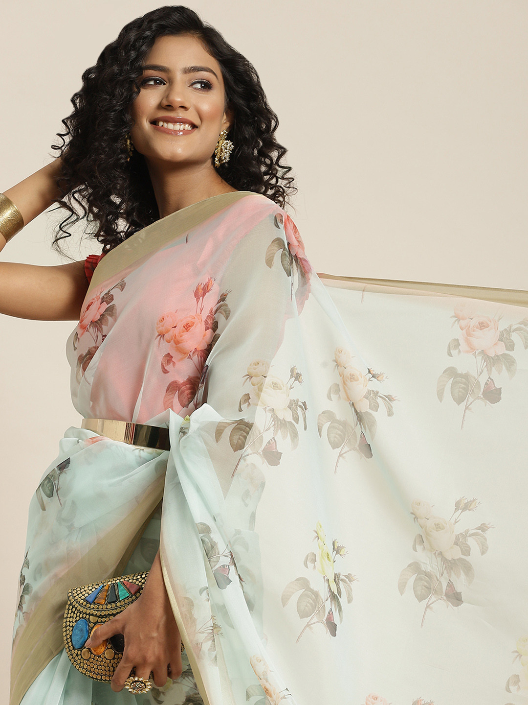 

Sangria Sea Green & Pink Floral Printed Organza Saree