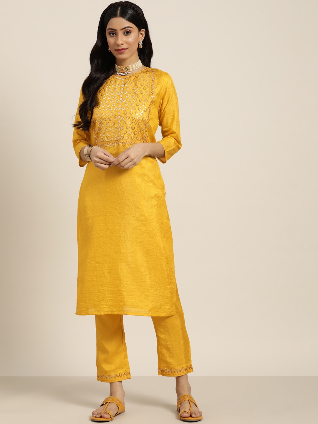 

Sangria Women Yellow Sequinned Embroidered Kurta with Trousers