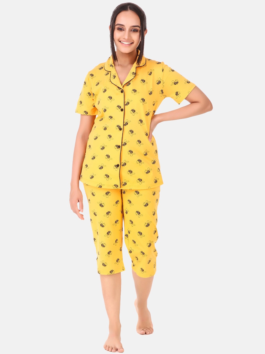 

Masha Women Yellow & Black Printed Pure Cotton Night suit