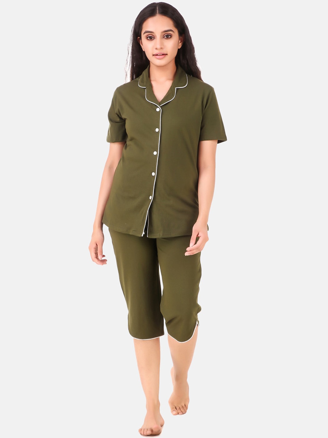 

Masha Women Olive Green Solid Pure CottonNight suit