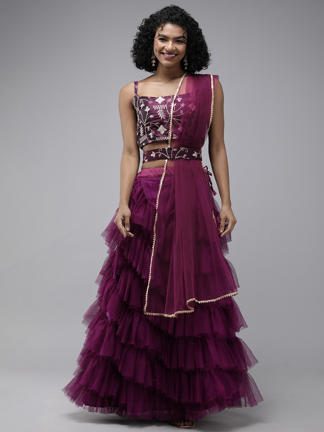 

DIVASTRI Purple Layered Semi-Stitched Lehenga & Embroidered Unstitched Blouse With Dupatta