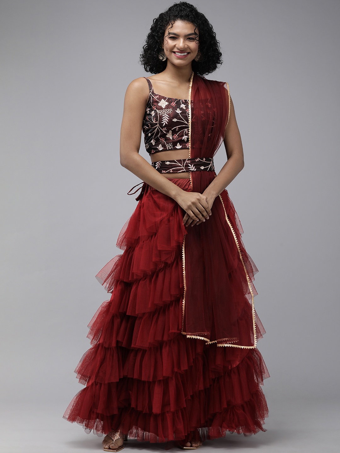 

DIVASTRI Women Maroon Embroidered Semi-Stitched Lehenga & Unstitched Blouse With Dupatta