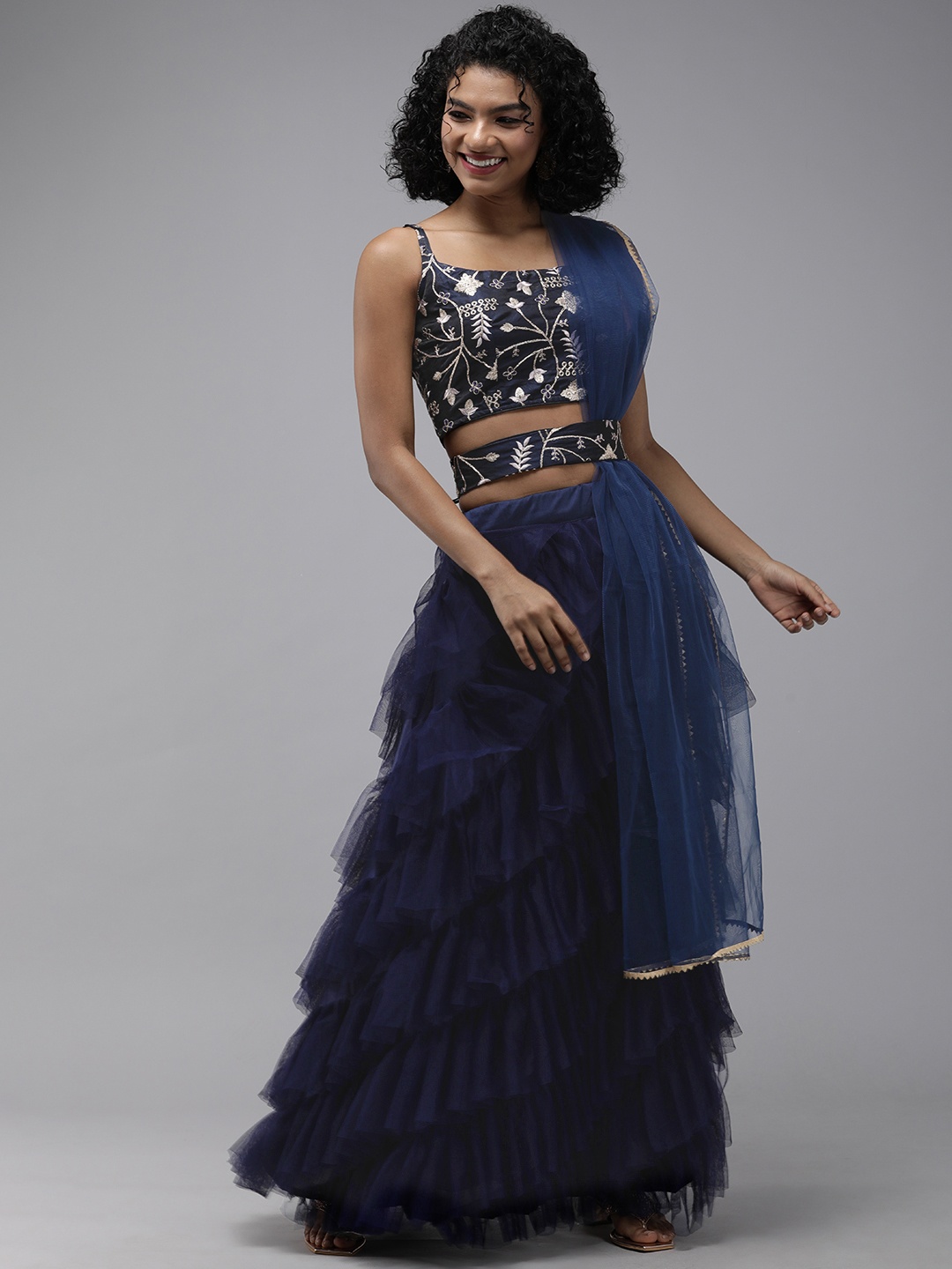 

DIVASTRI Navy Blue Embroidered Semi-Stitched Lehenga & Unstitched Blouse With Dupatta