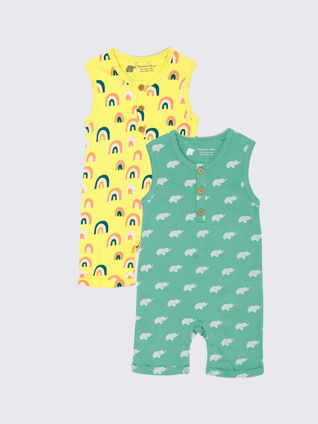 

Mamas Boo Kids Pack Of 2 Printed Pure Organic Cotton Sustainable Sustainable Rompers, Yellow