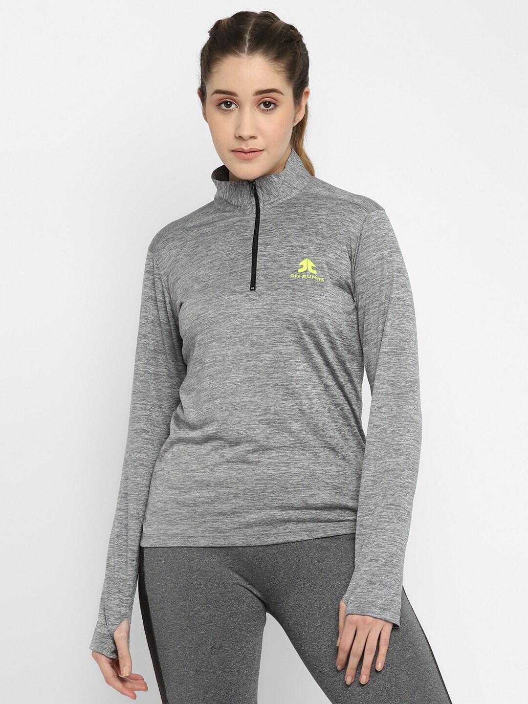 

OFF LIMITS Women Grey Melange High Neck Antimicrobial T-shirt