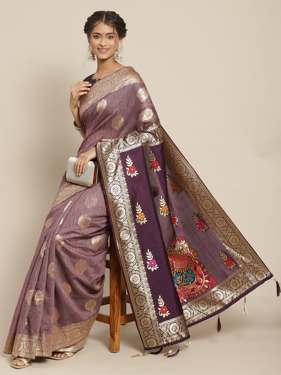 

Somras Purple & Beige Ethnic Motifs Zari Art Silk Saree