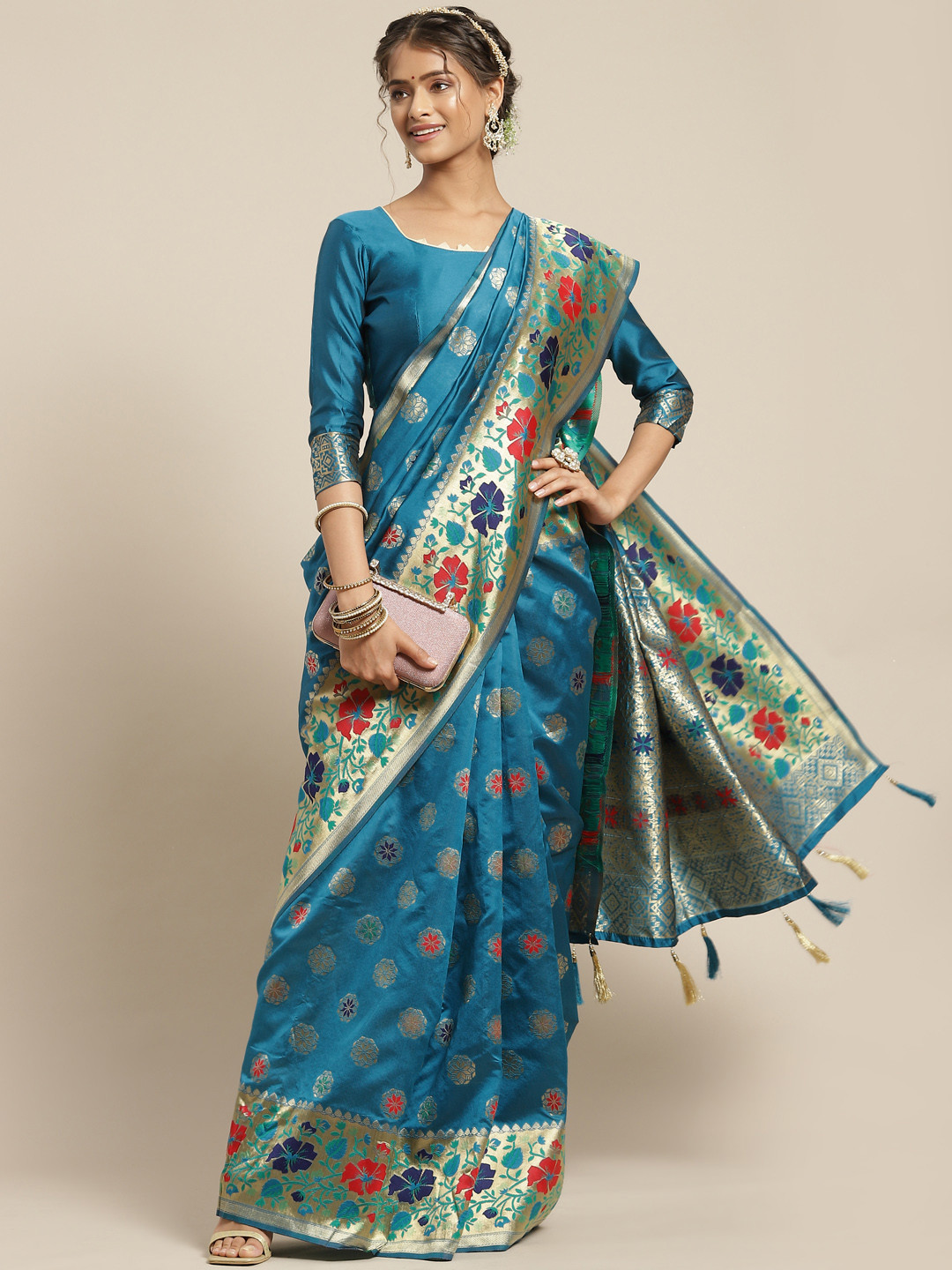 

Somras Turquoise Blue & Beige Ethnic Motifs Zari Silk Blend Saree
