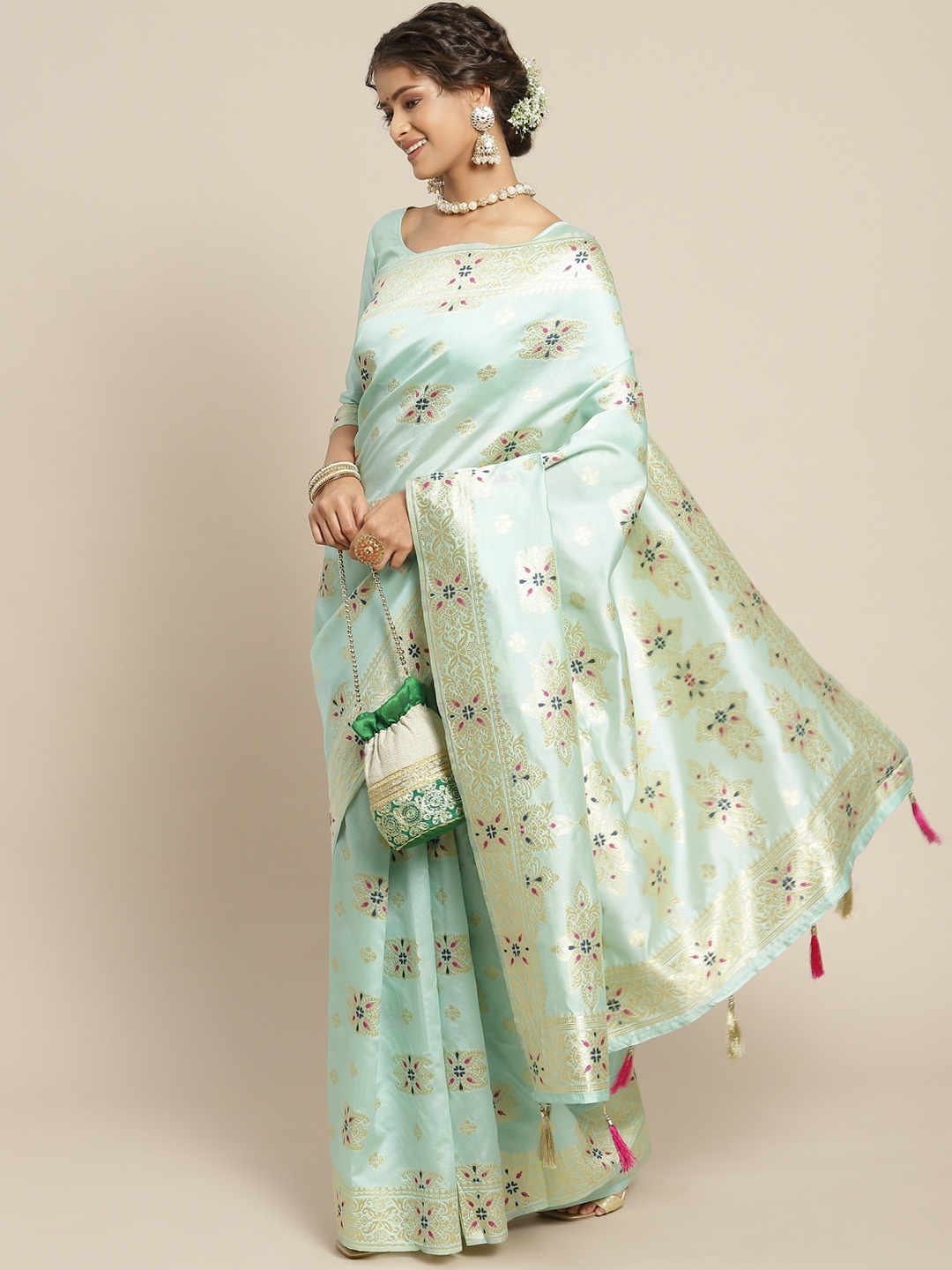 

Somras Mint Blue & Golden Ethnic Motifs Zari Art Silk Saree
