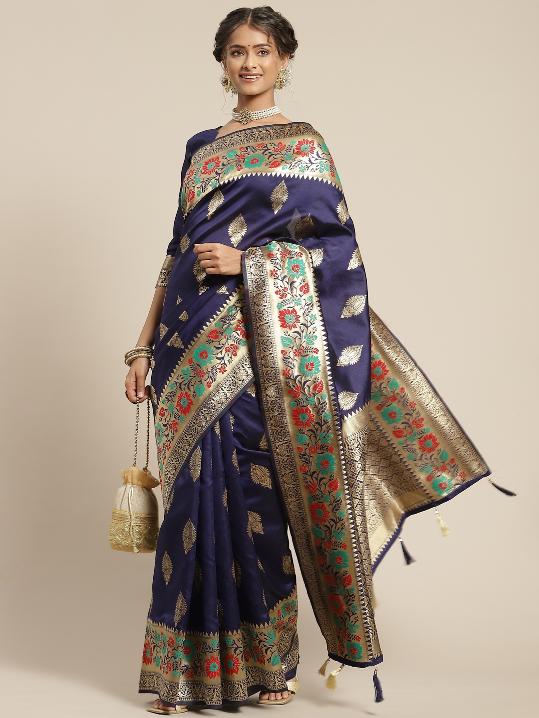 

Somras Navy Blue & Golden Ethnic Motifs Zari Silk Blend Saree