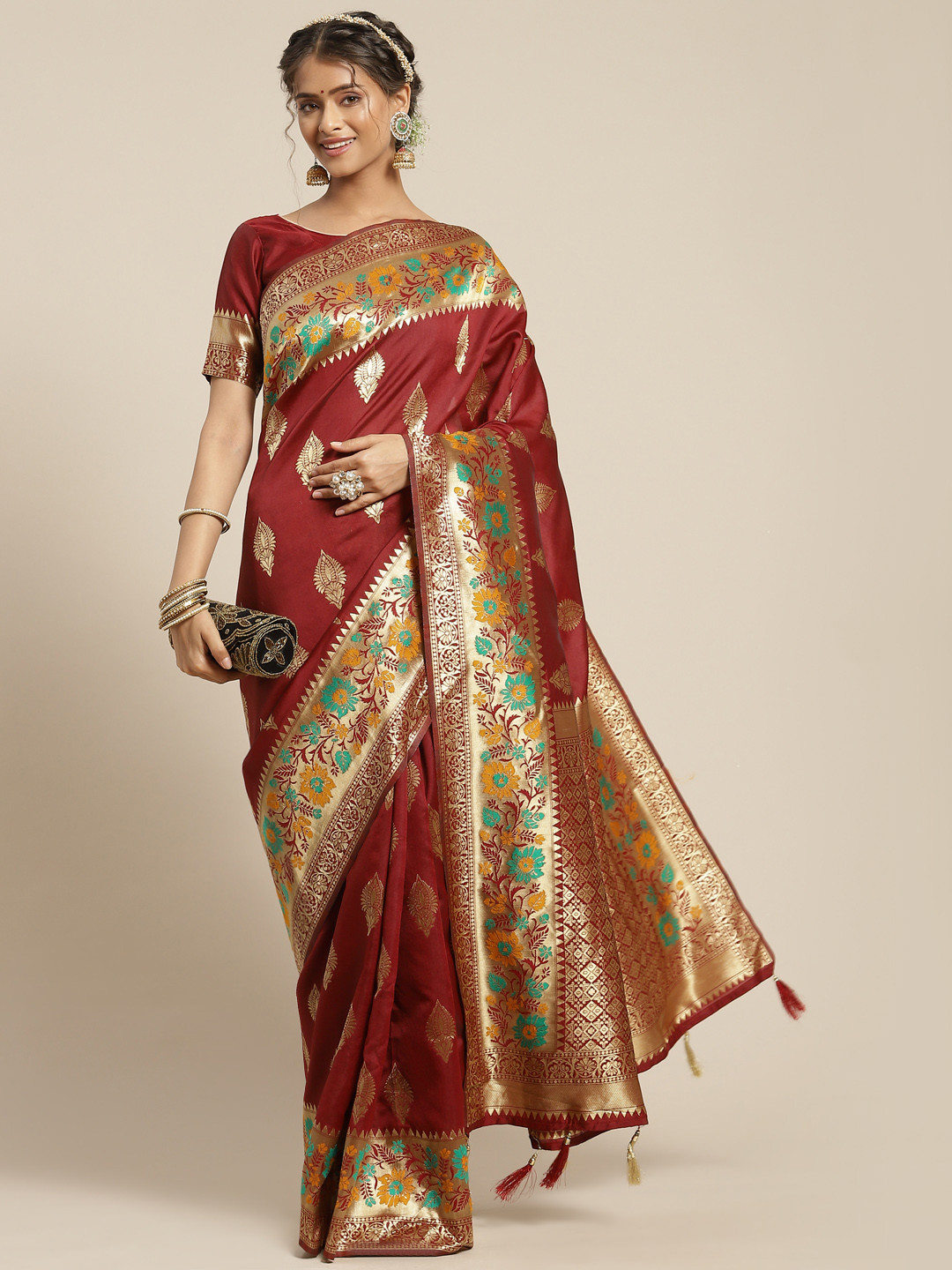 

Somras Maroon Zari Ethnic Motifs Silk Blend Saree