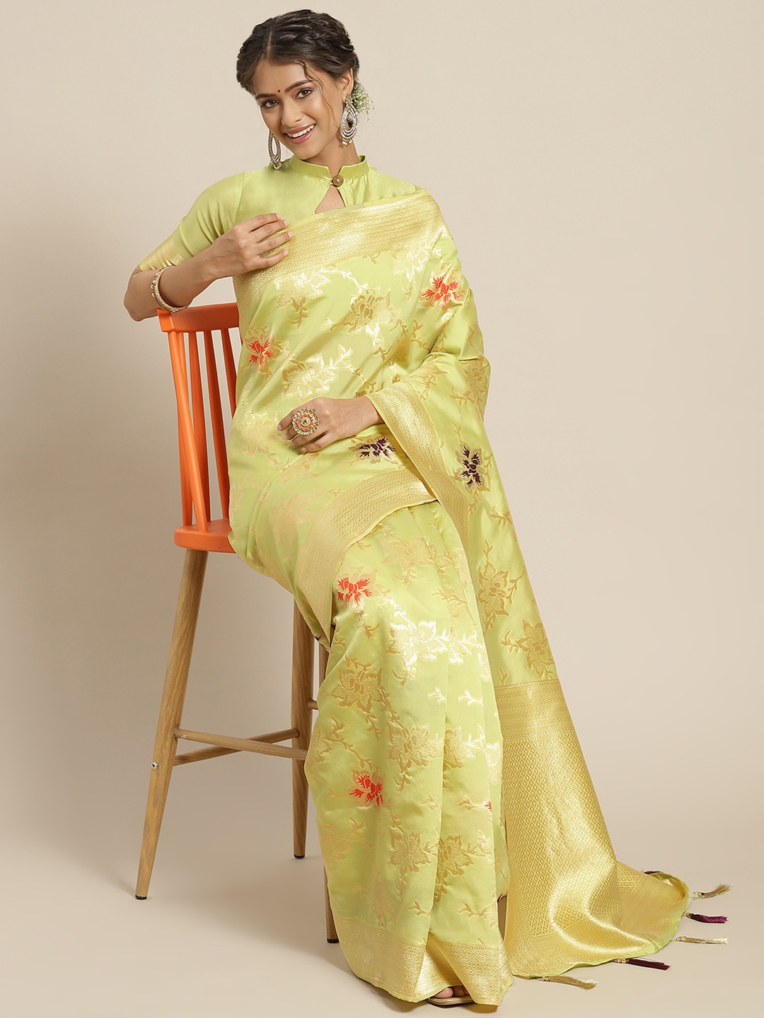 

Somras Women Lime Green & Beige Woven Design Ethnic Motifs Silk Blend Saree