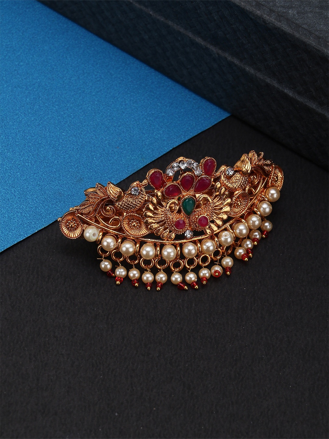 

VAGHBHATT Women Gold-Toned & White Embellished French Barrette