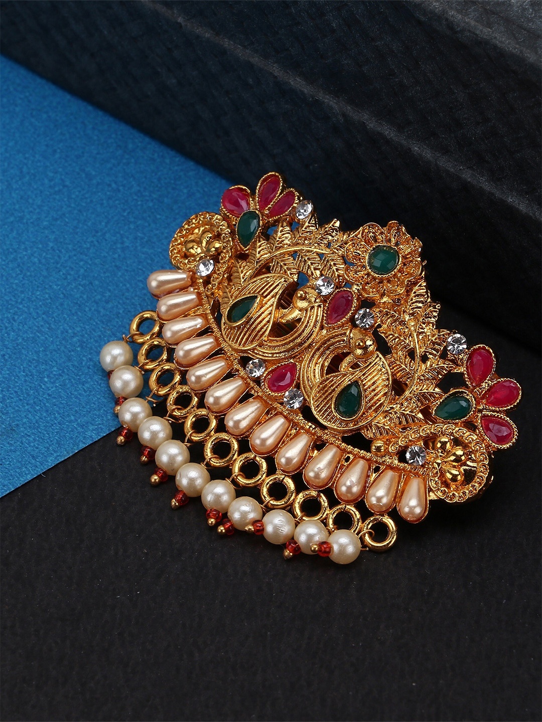 

VAGHBHATT Women Gold-Toned & Red Embellished French Barrette