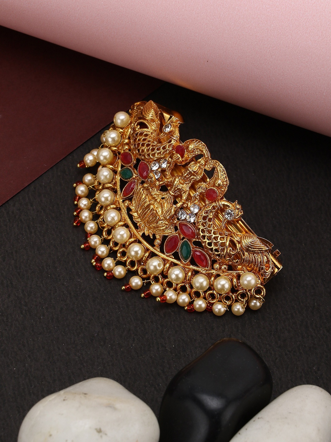 

VAGHBHATT Women Gold-Toned & Pink Beaded French Barrette
