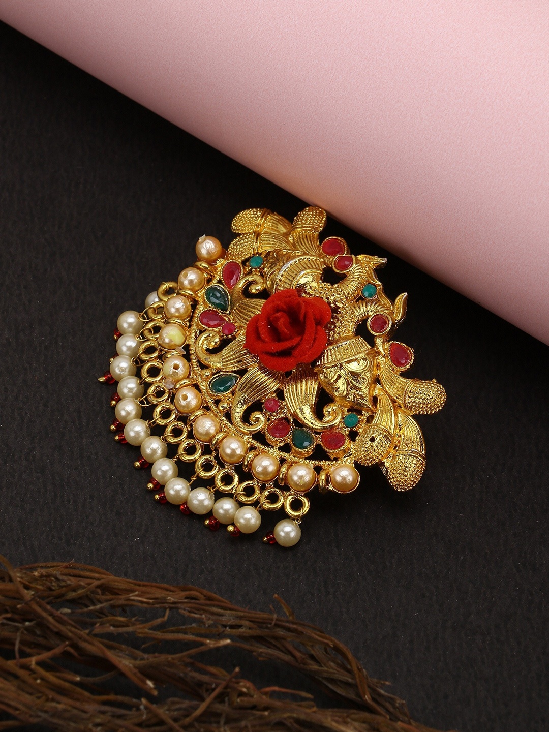 

VAGHBHATT Women Gold-Toned & Red Beaded French Barrette