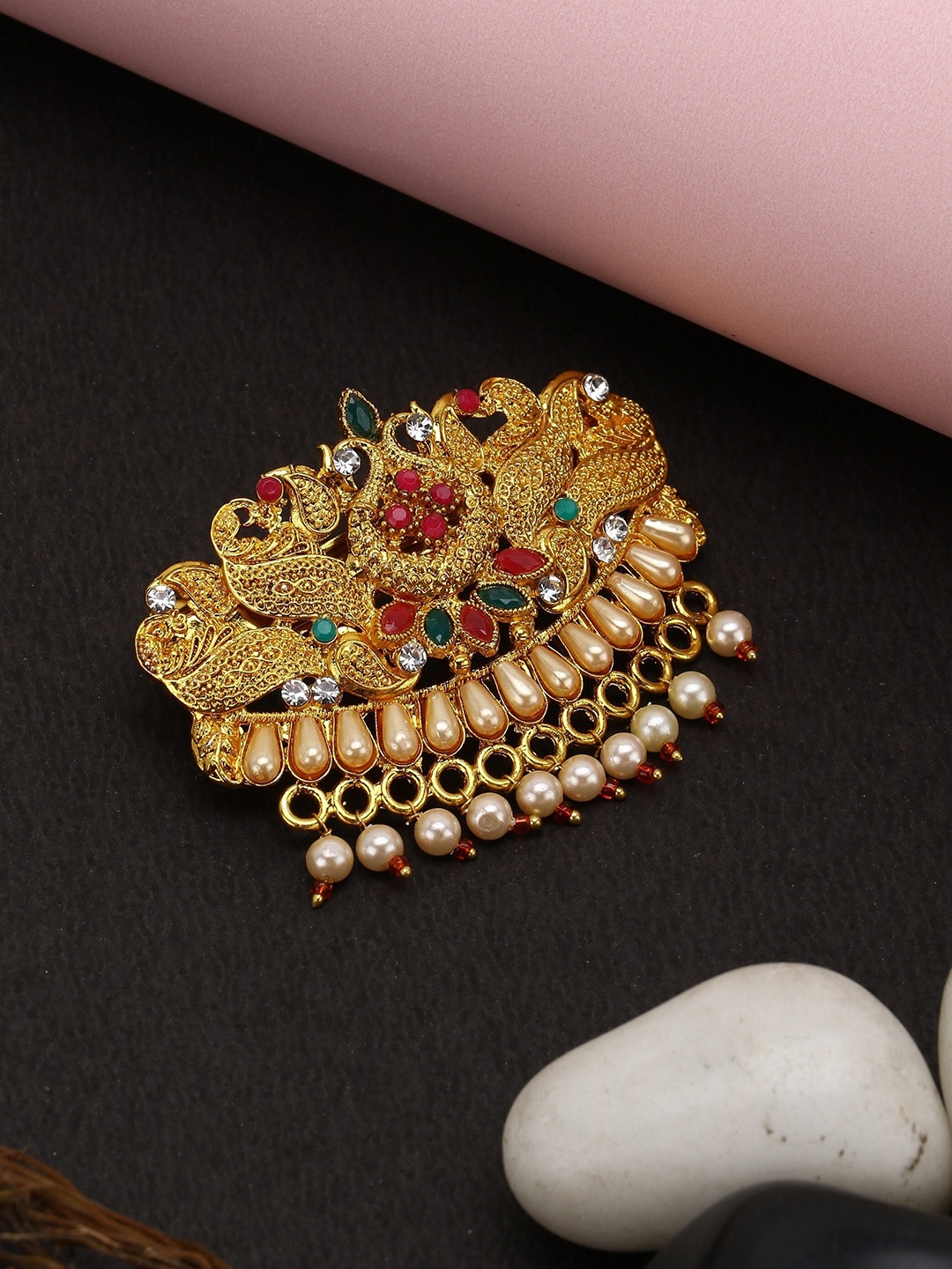 

VAGHBHATT Women Gold-Toned & Pink Beaded French Barrette