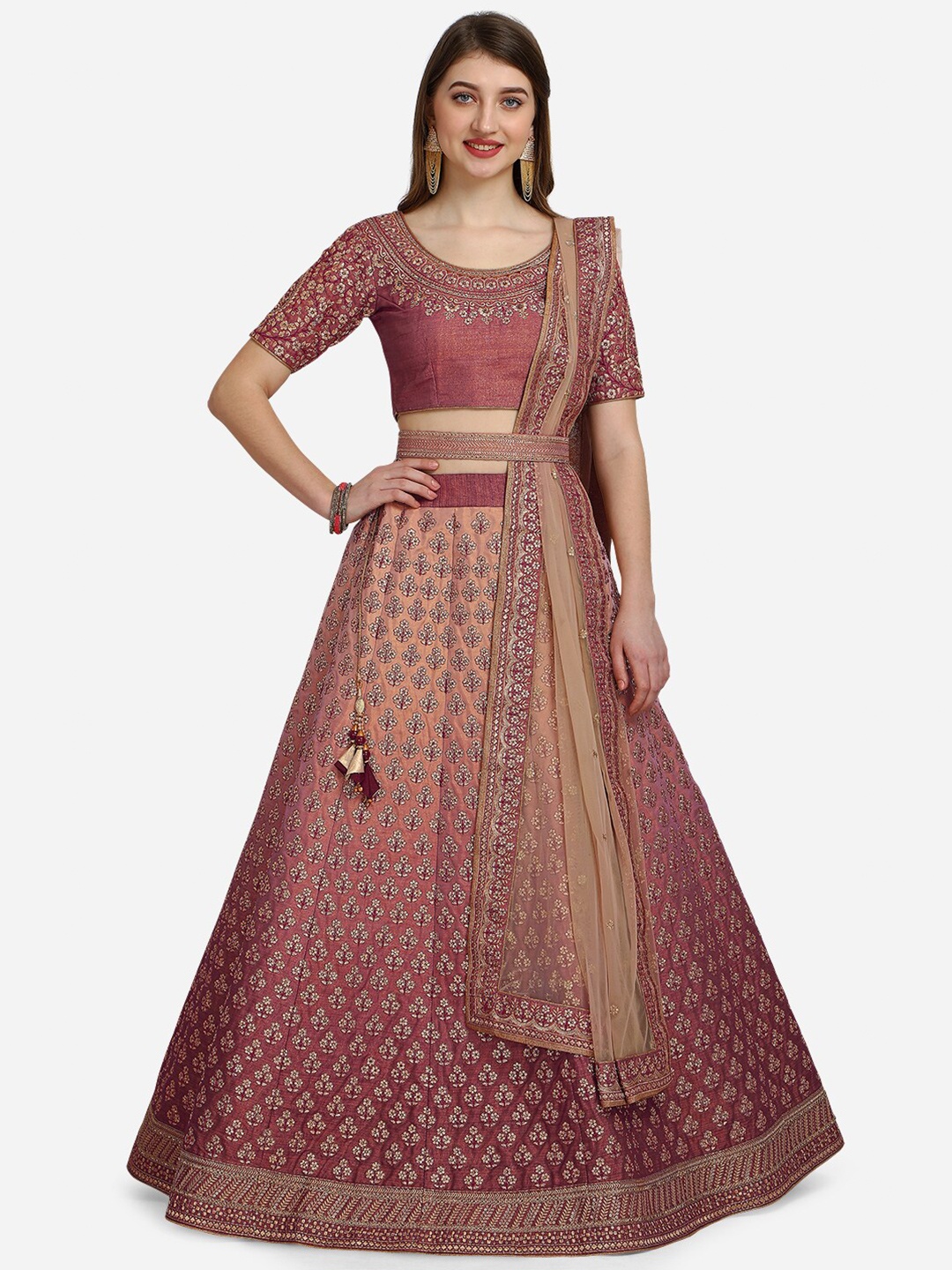

NAKKASHI Rust & Beige Embellished Thread Work Semi-Stitched Lehenga & Unstitched Blouse With Dupatta