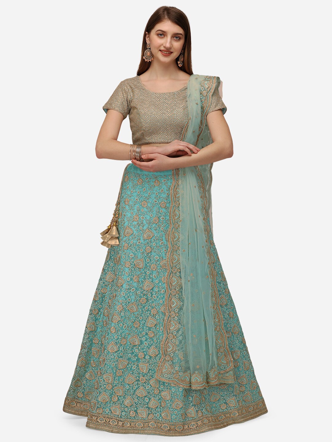 

NAKKASHI Teal & Gold-Toned Embroidered Semi-Stitched Lehenga Choli