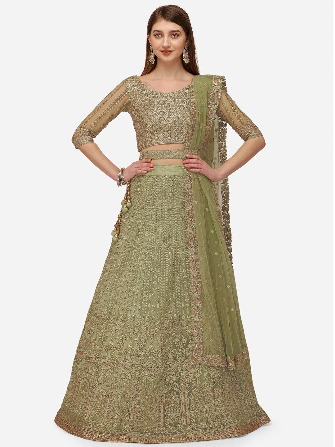 

NAKKASHI Olive Green & Gold-Toned Embroidered Semi-Stitched Lehenga & Unstitched Blouse With Dupatta