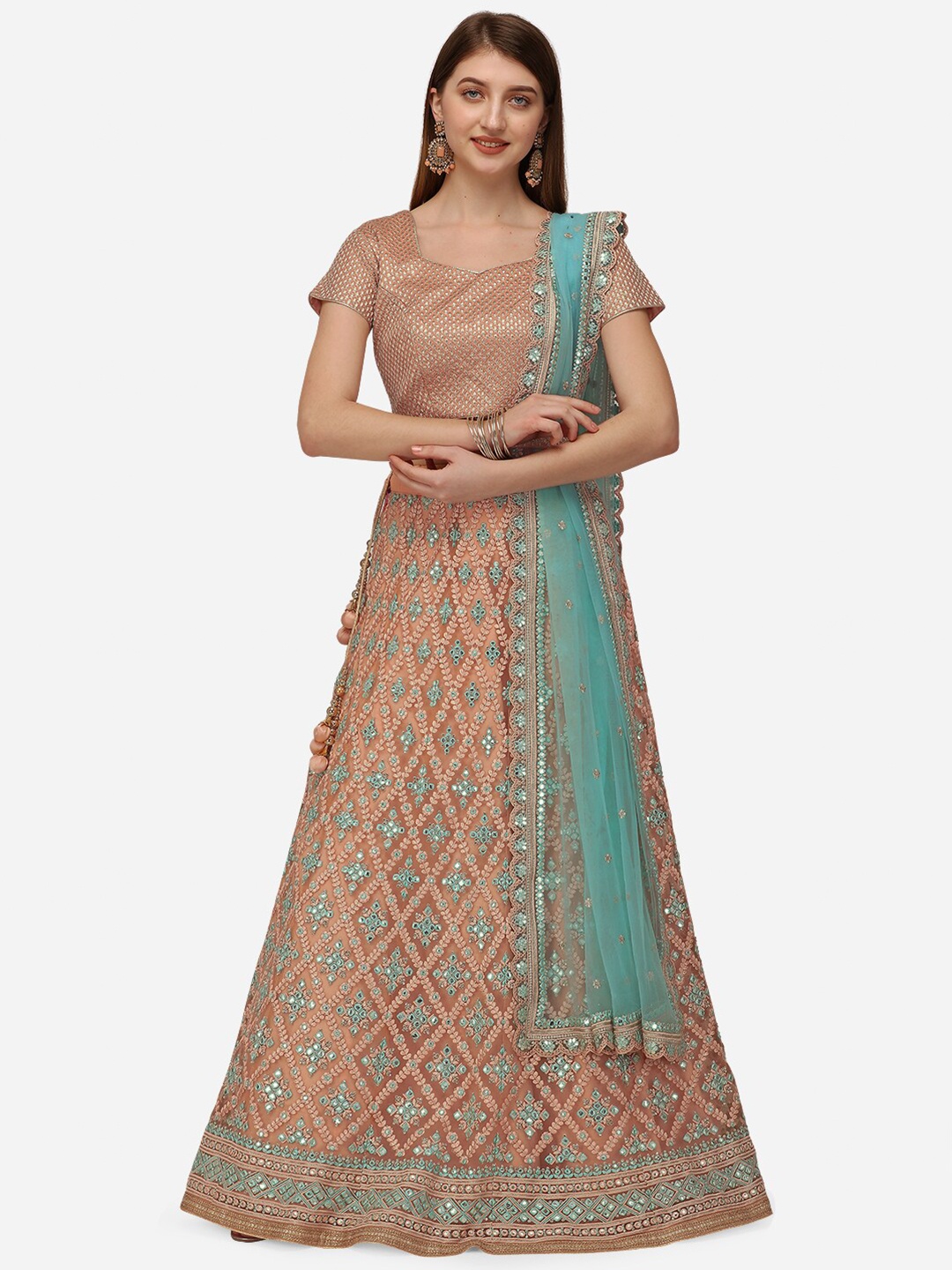 

NAKKASHI Peach-Coloured & Turquoise Blue Embellished Semi-Stitched Lehenga Choli