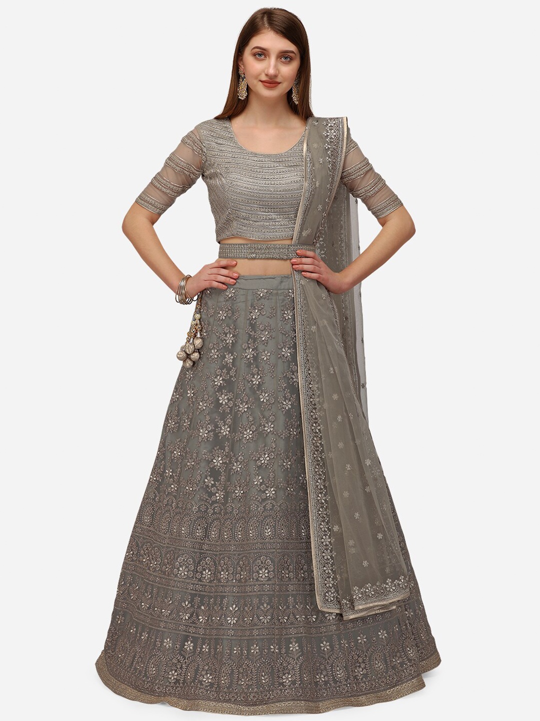 

NAKKASHI Grey Embellished Semi-Stitched Lehenga Choli