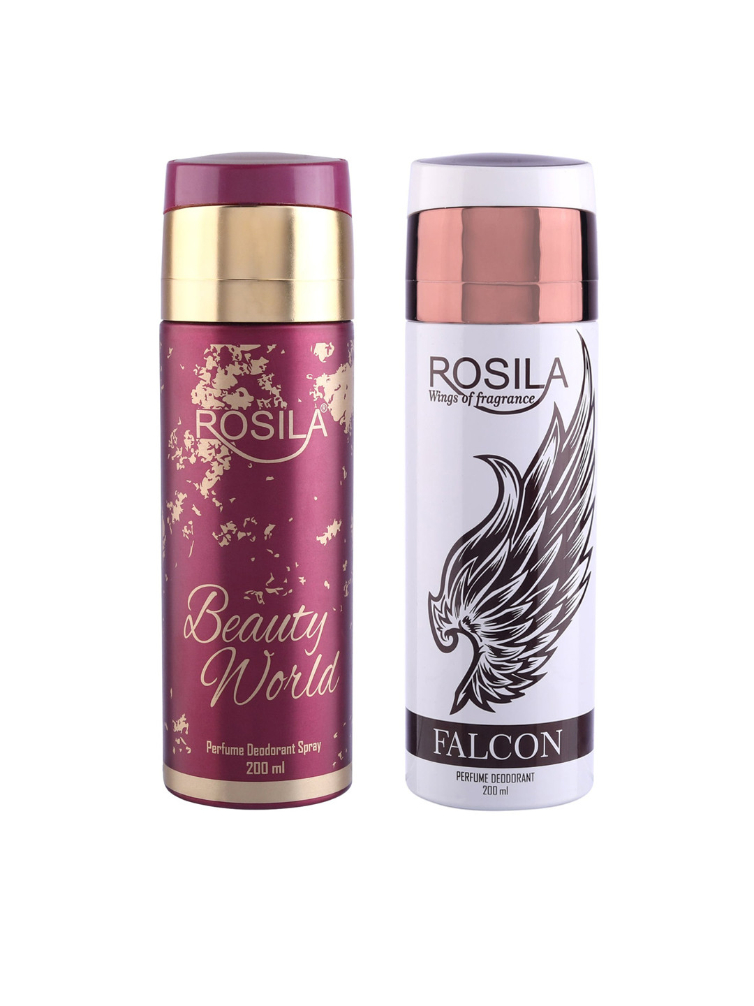 

ROSILA Set of Beauty World & Falcon Perfume Deodorant Body Spray 200 ml Each, Rose gold