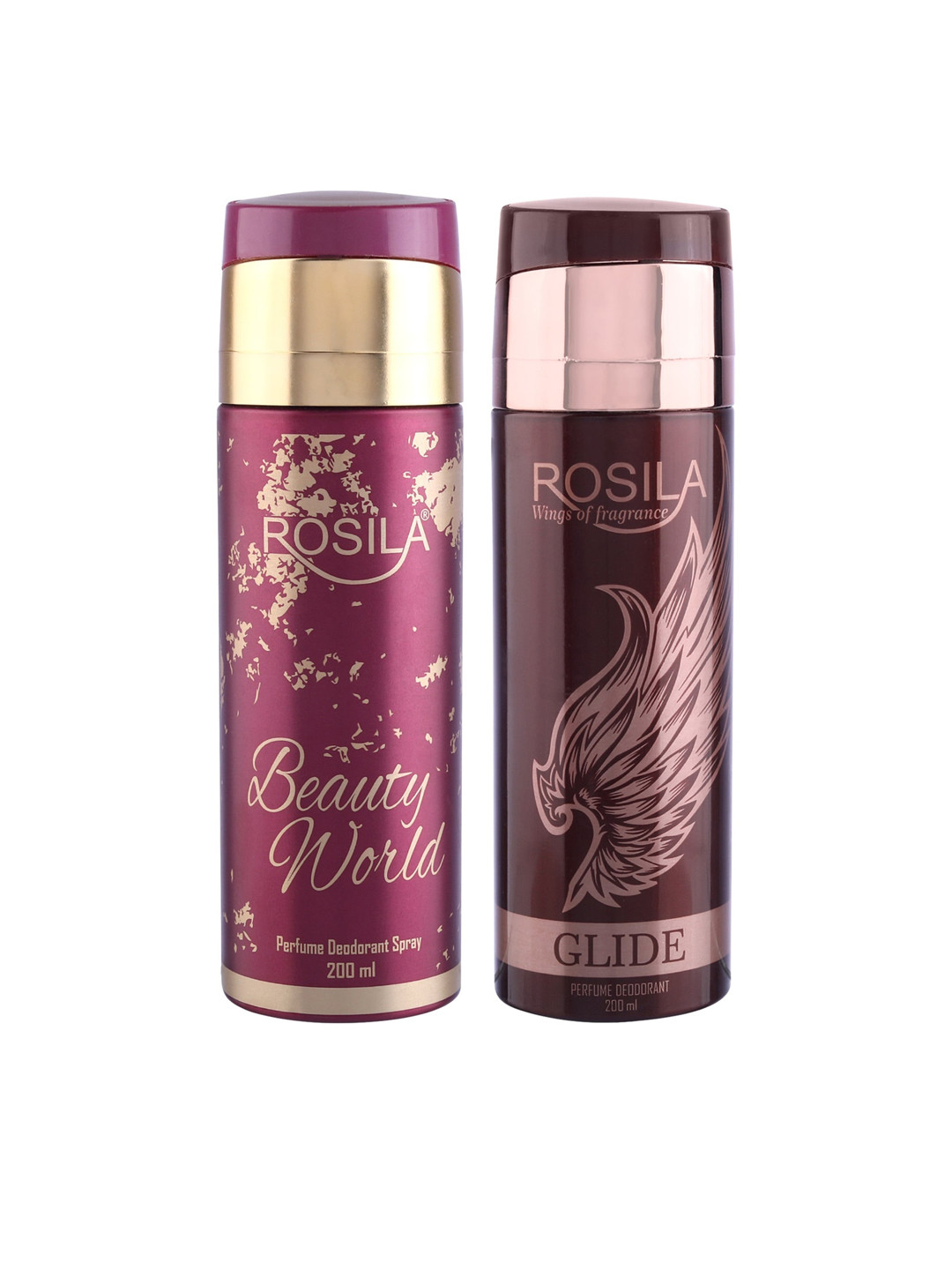 

ROSILA Set of Beauty World & Glide Perfume Deodorant Body Spray 200 ml each, Rose gold