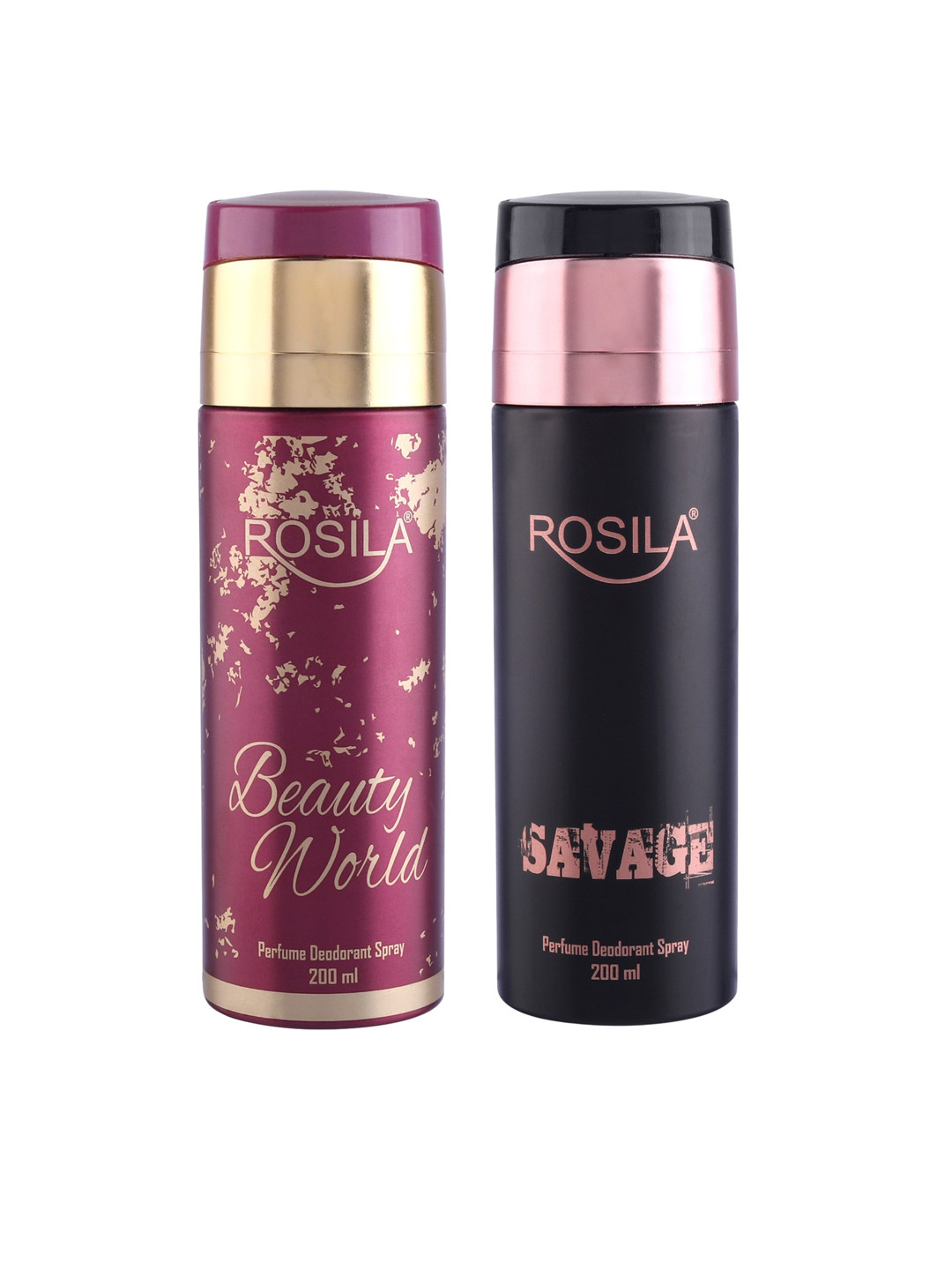 

ROSILA Set of Savage & Beauty World Perfume Deodorant Body Spray 200 ml each, Rose gold