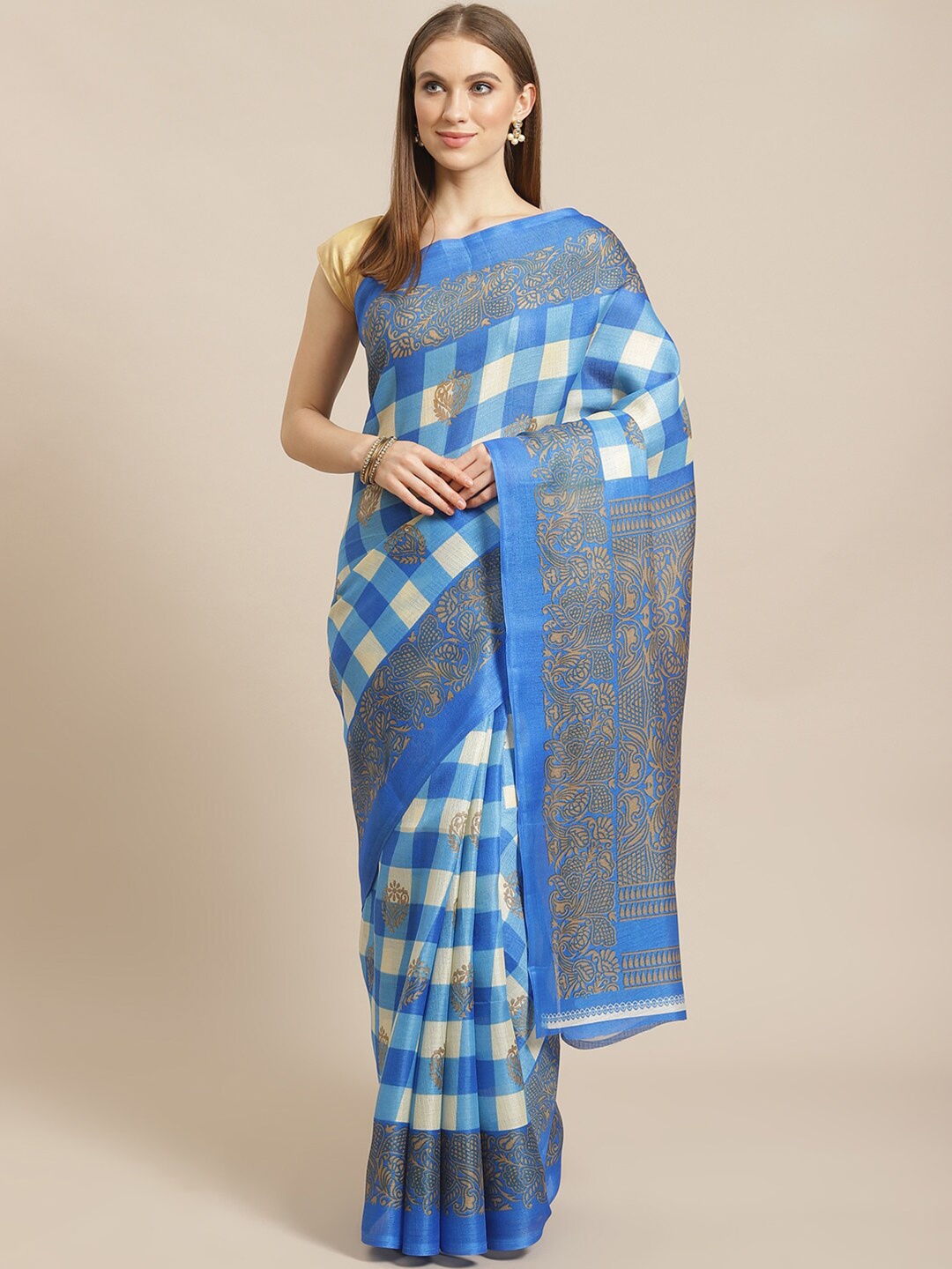 

KALINI Blue & Cream-Coloured Checked Silk Blend Saree