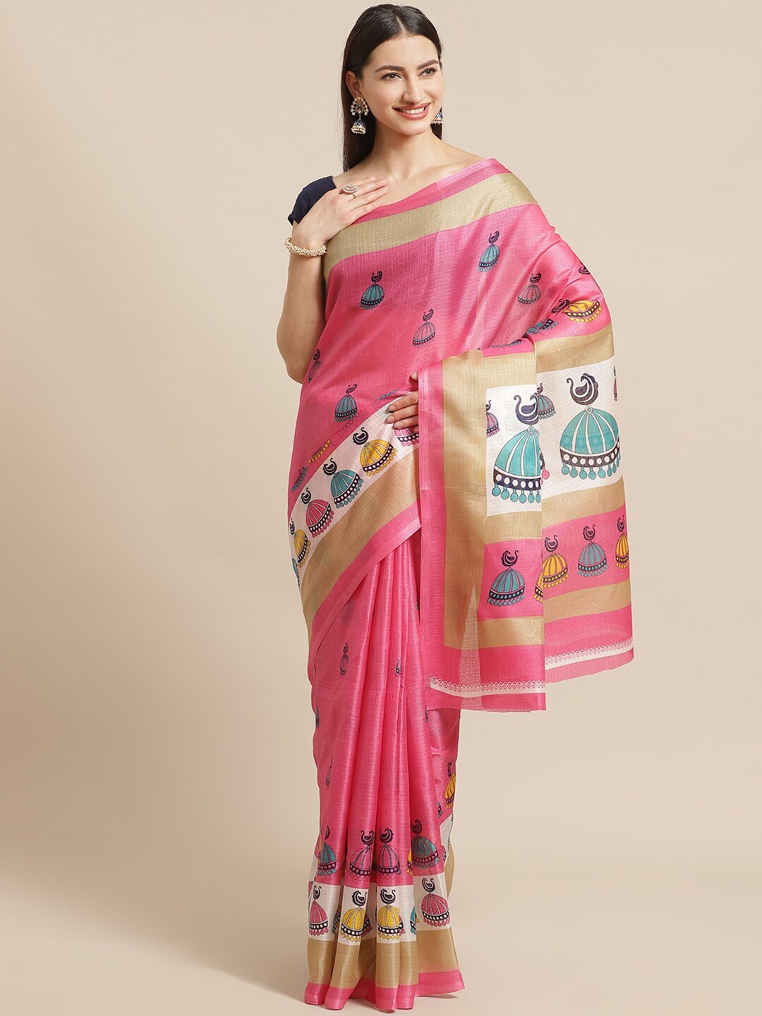 

KALINI Pink & White Ethnic Motifs Silk Blend Khadi Saree