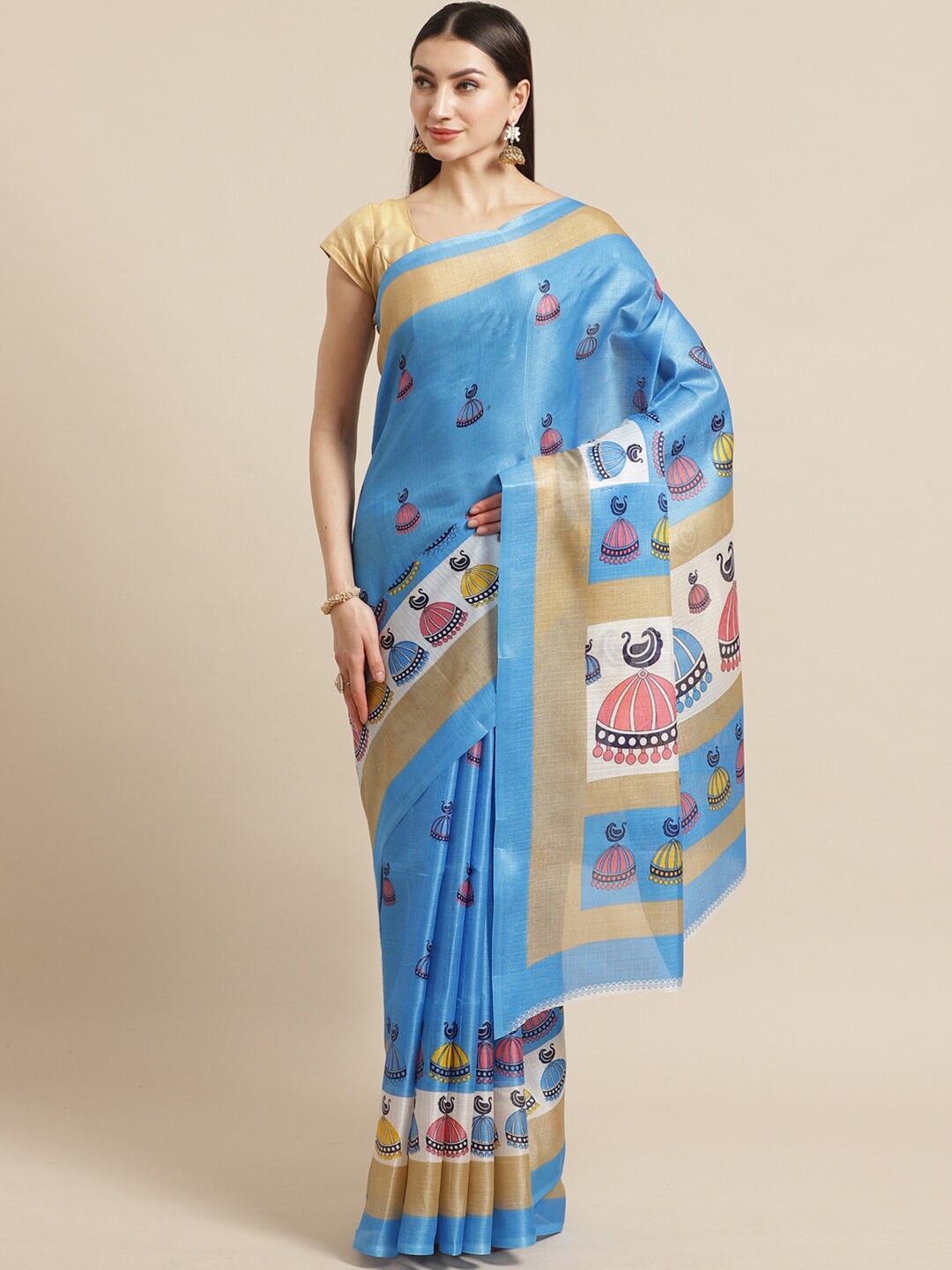 

KALINI Blue & Gold-Toned Ethnic Motifs Silk Blend Khadi Saree
