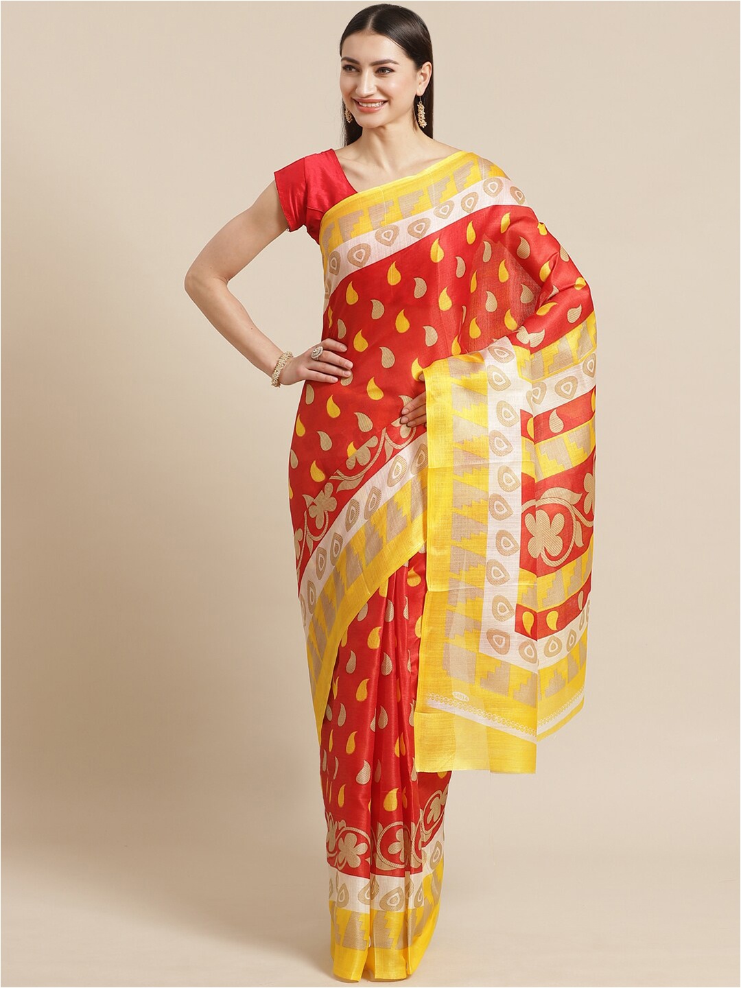 

KALINI Red & Yellow Ethnic Motifs Khadi Saree