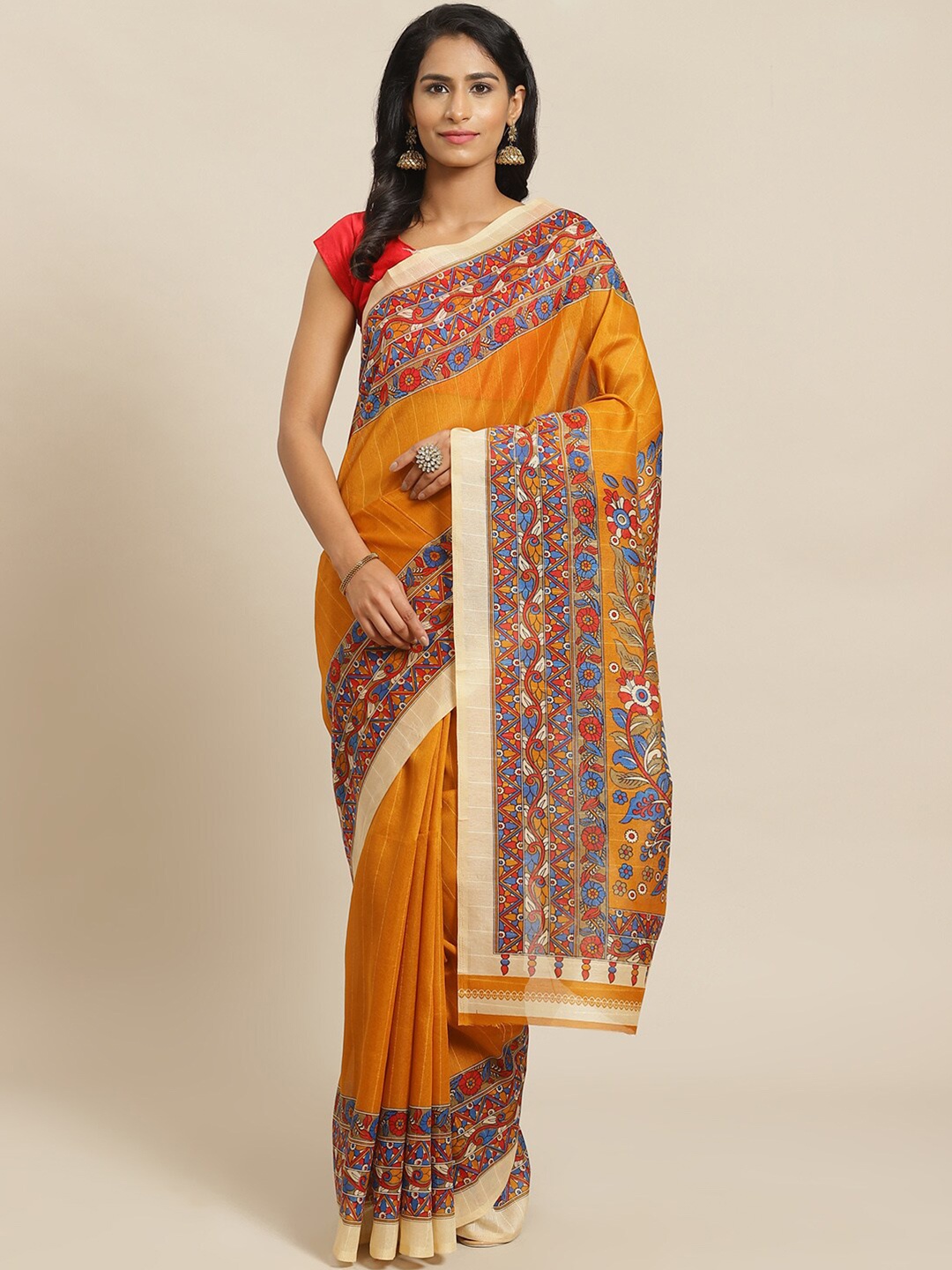 

KALINI Yellow & Orange Ethnic Motifs Silk Blend Khadi Saree