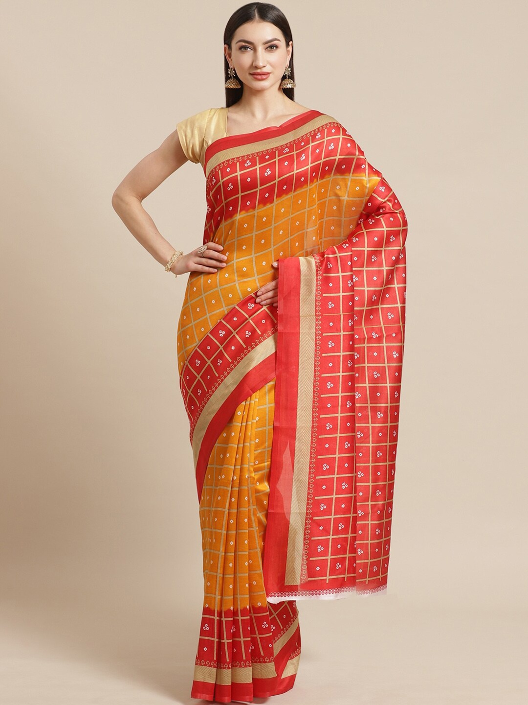 

KALINI Women Red Bandhani Print Mysore Silk Saree