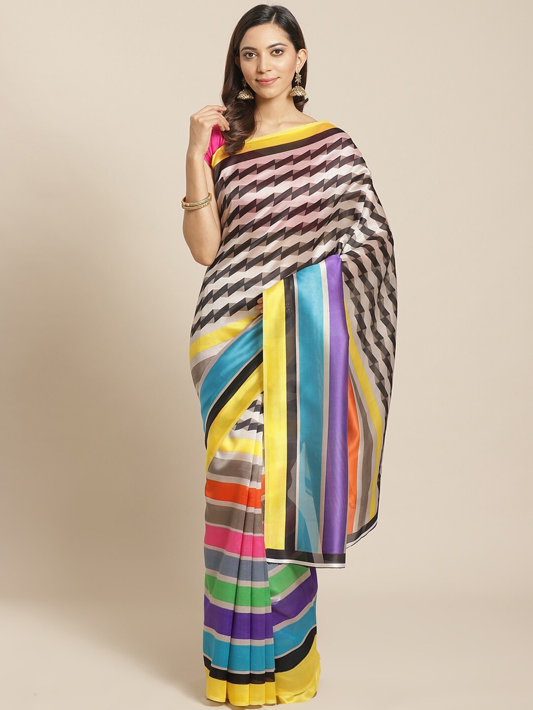 

KALINI White & Black Striped Art Silk Mysore Silk Saree