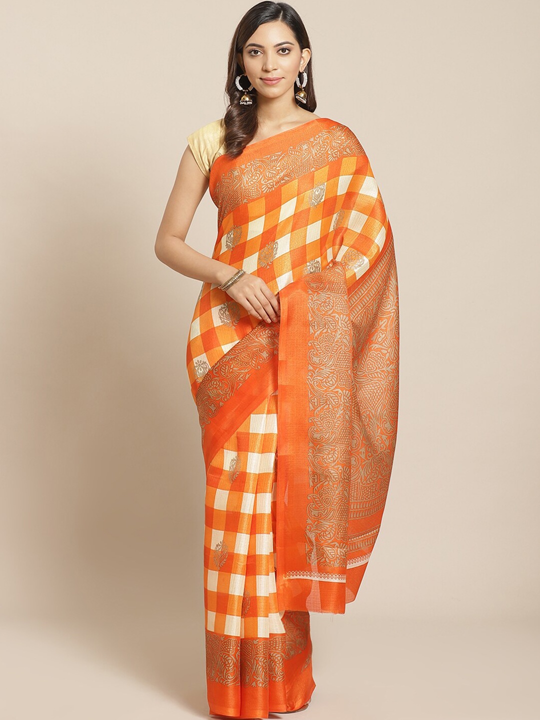 

KALINI Orange & Yellow Checked Silk Blend Khadi Saree