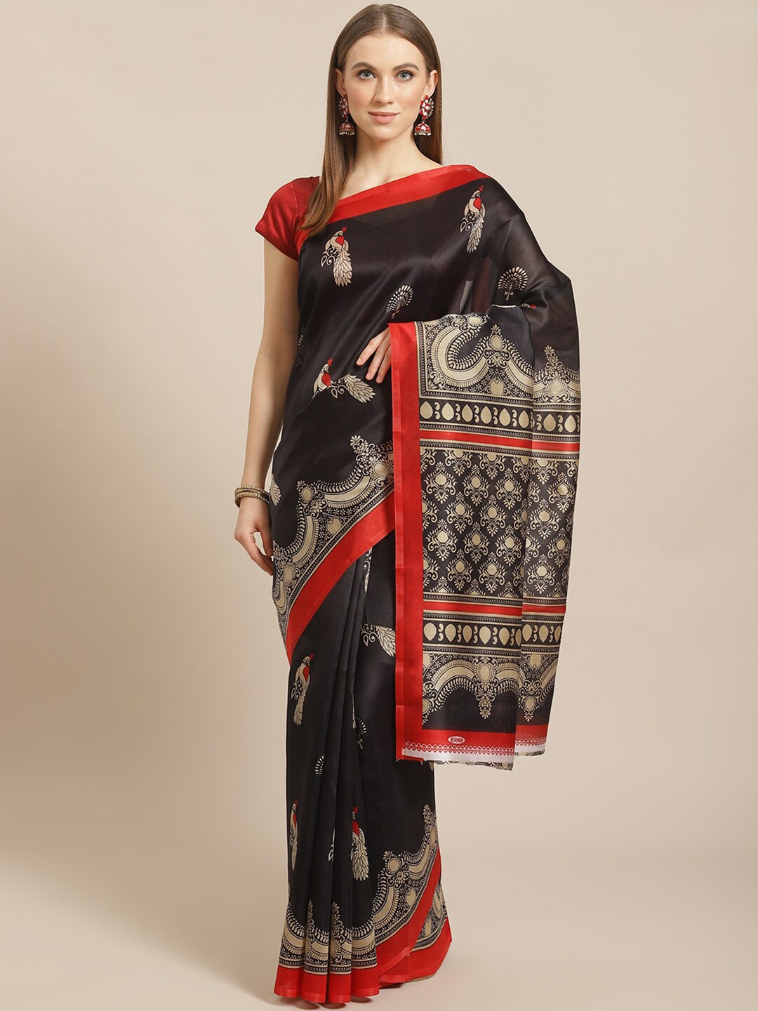 

KALINI Black & Red Ethnic Motifs Art Silk Mysore Silk Saree