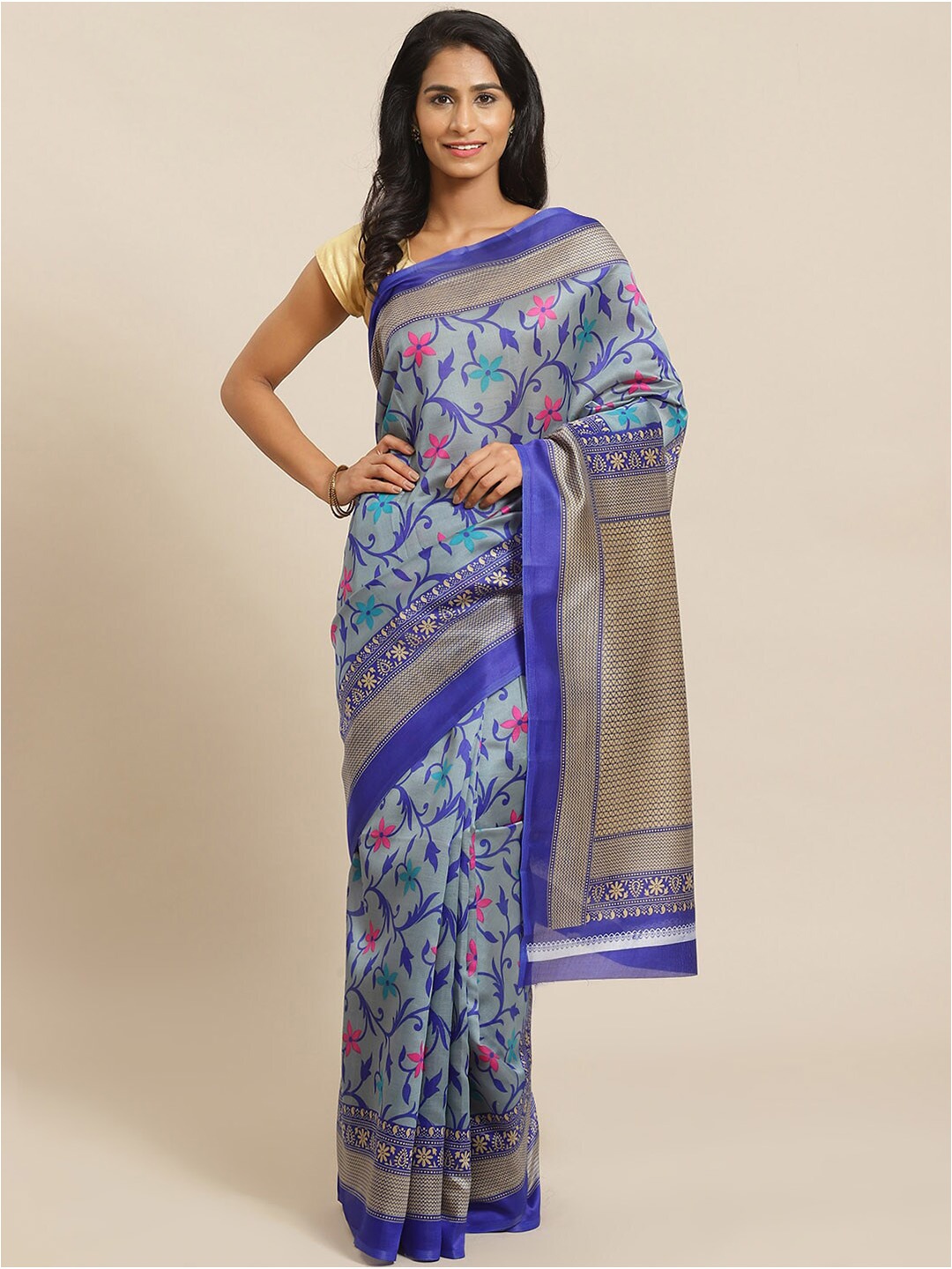 

KALINI Blue & Beige Floral Art Silk Mysore Silk Saree
