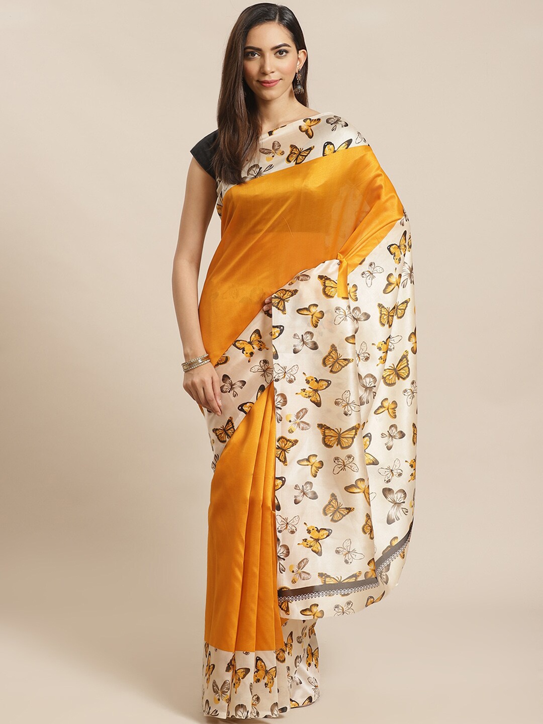 

KALINI Yellow & Cream-Coloured Art Silk Mysore Silk Saree