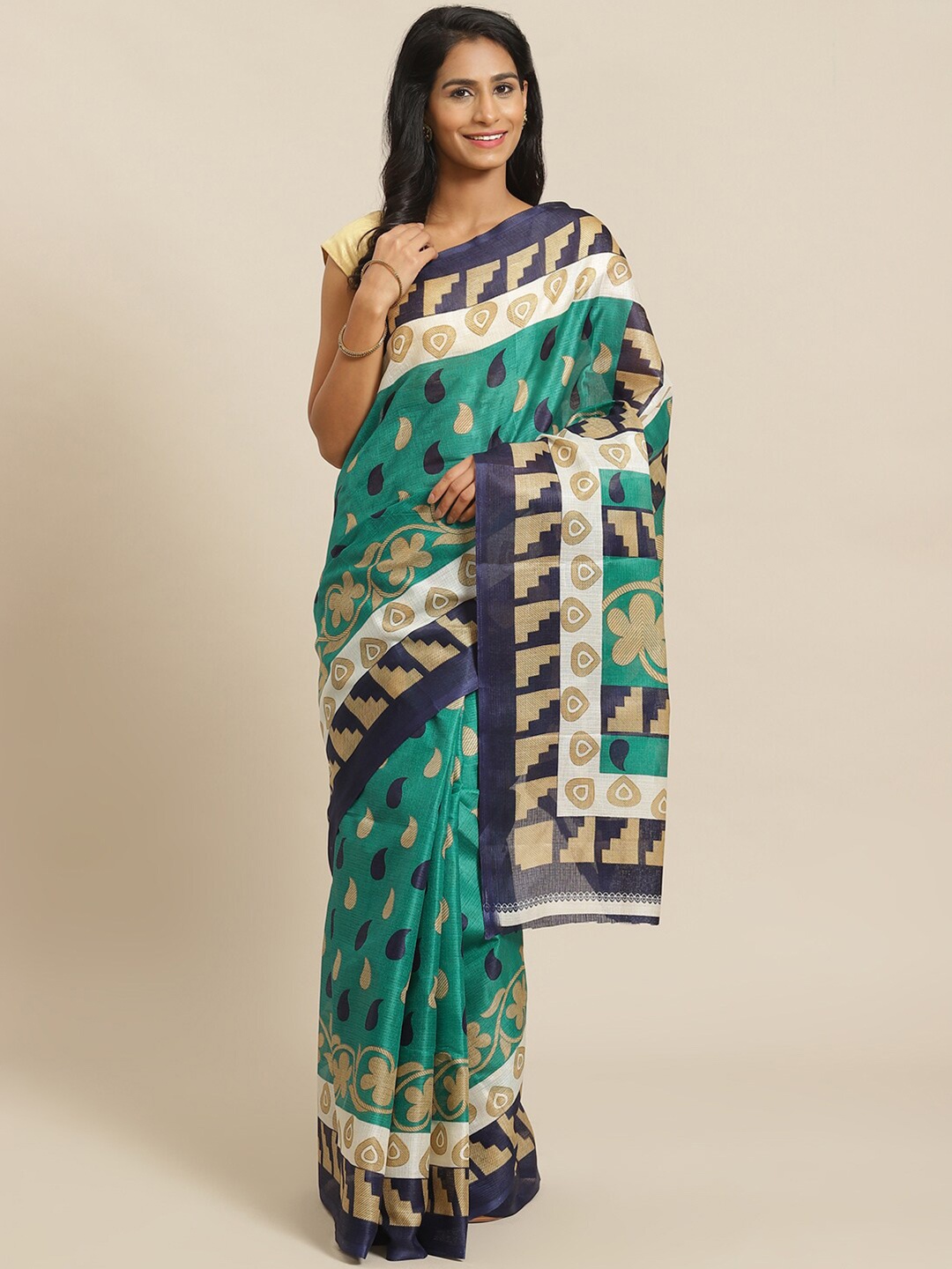 

KALINI Green & Navy Blue Silk Blend Khadi Saree