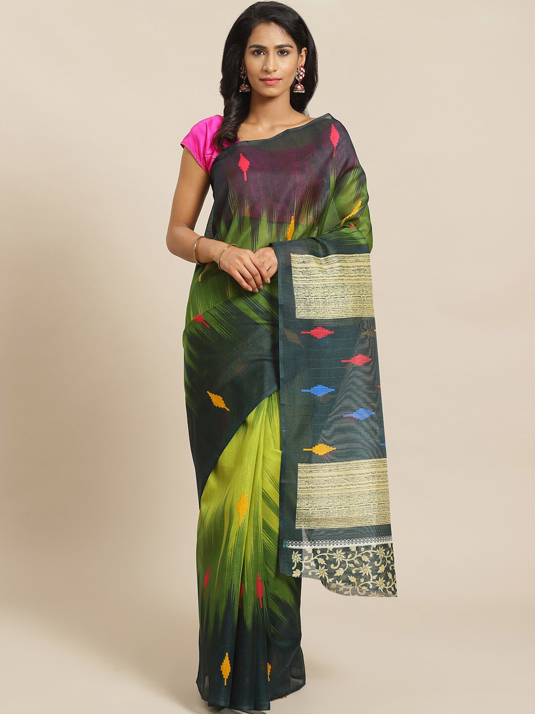 

KALINI Green & Black Art Silk Bhagalpuri Saree