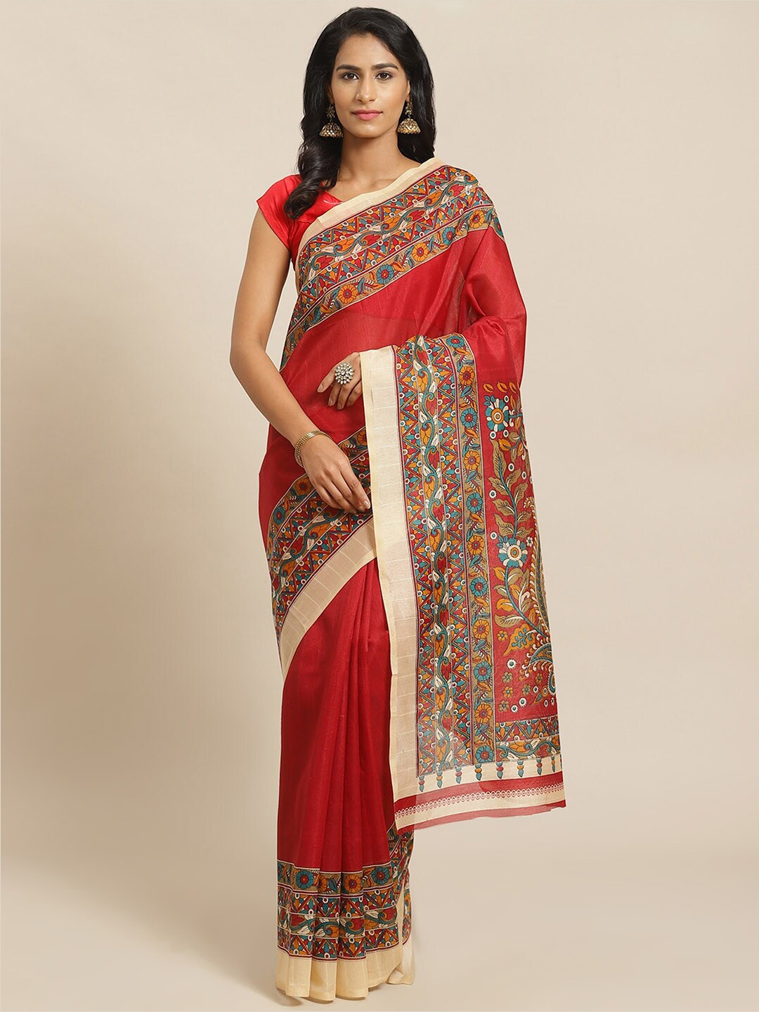 

KALINI Red & Brown Kalamkari Art Silk Mysore Silk Saree